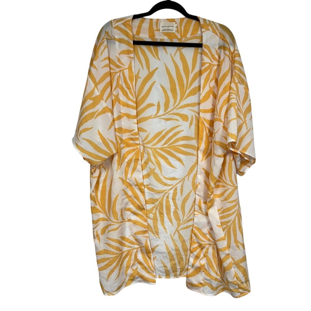 Maison Du Soir Orange White Tropical Leaf Print Kimono Cardigan XS S Beachy